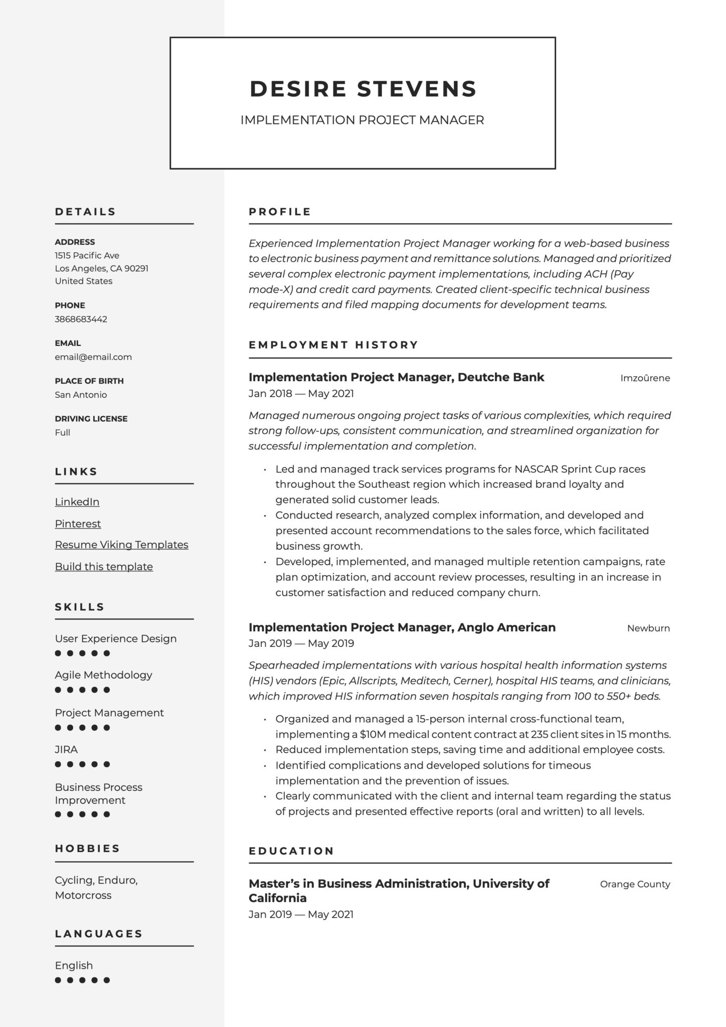 Modern Implementation Project Manager Resume