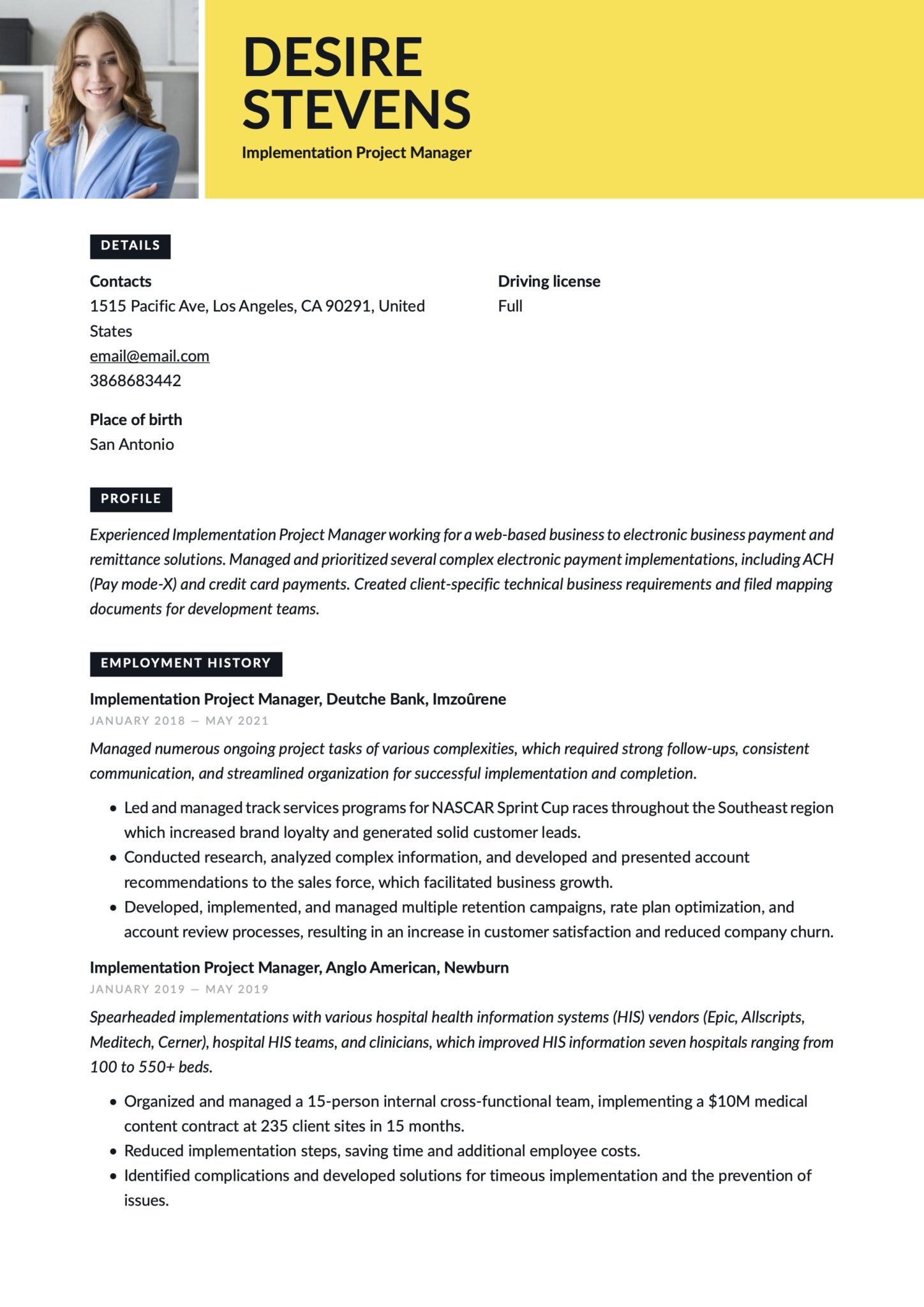 Creative Implementation Project Manager Resume Yellow Template