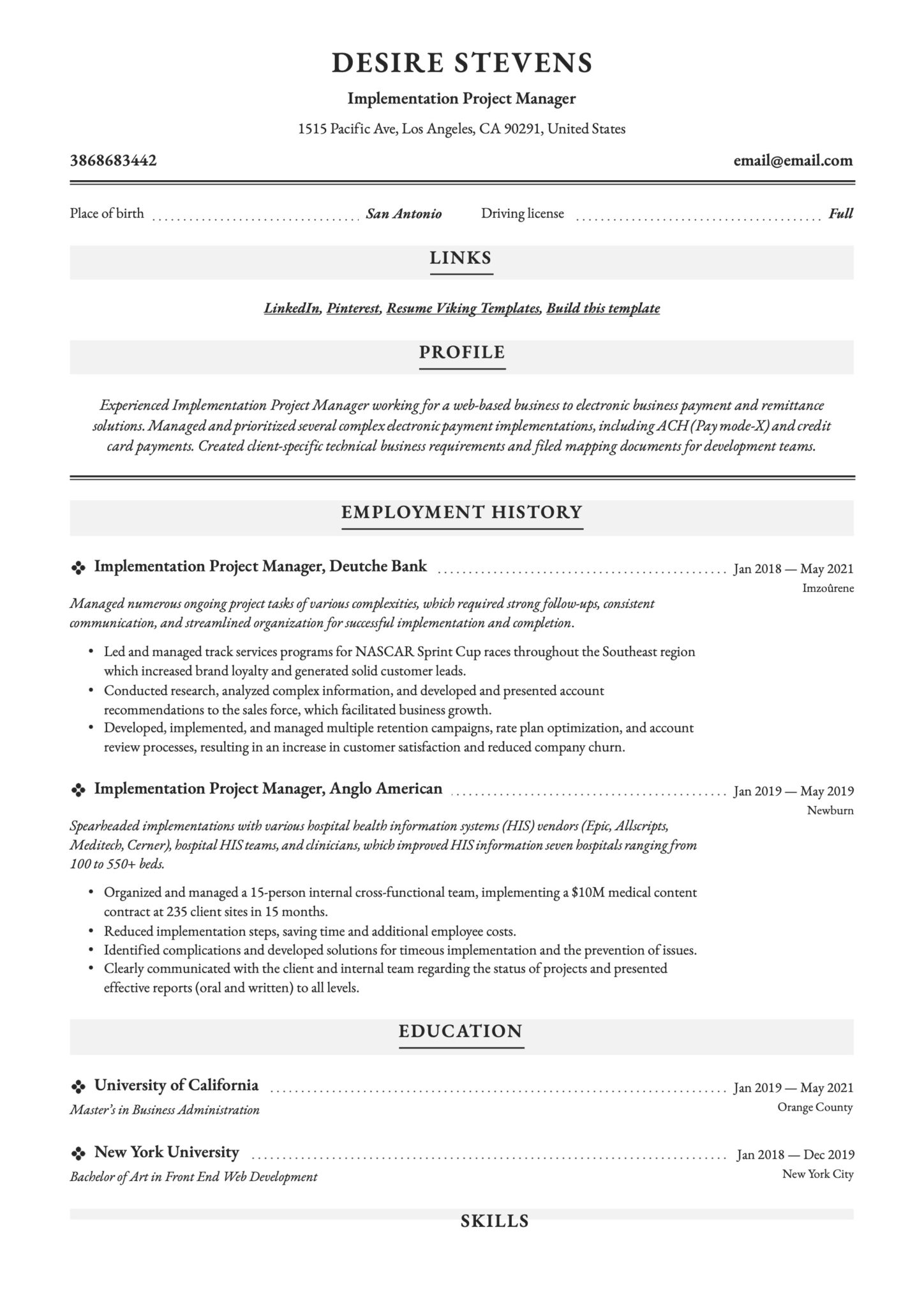 Professional Implementation Project Manager Resume Example
