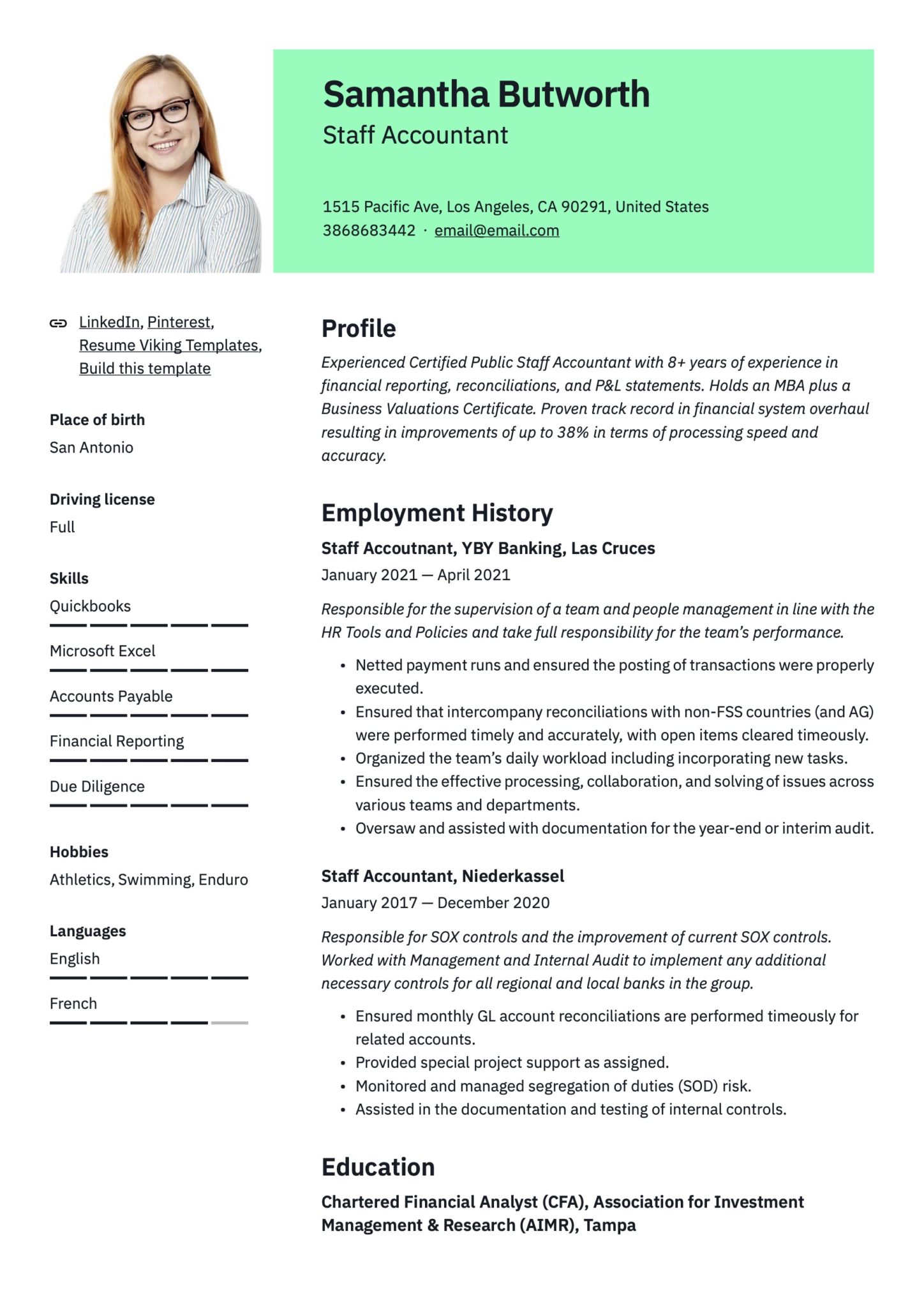 Professional Staff Accountant Resume Green Template