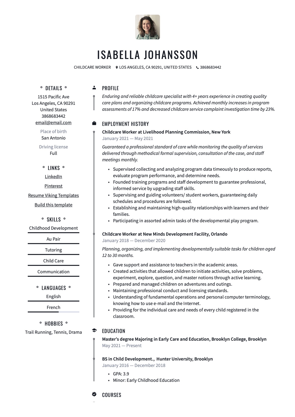 Professional Child Care Worker Resume Example