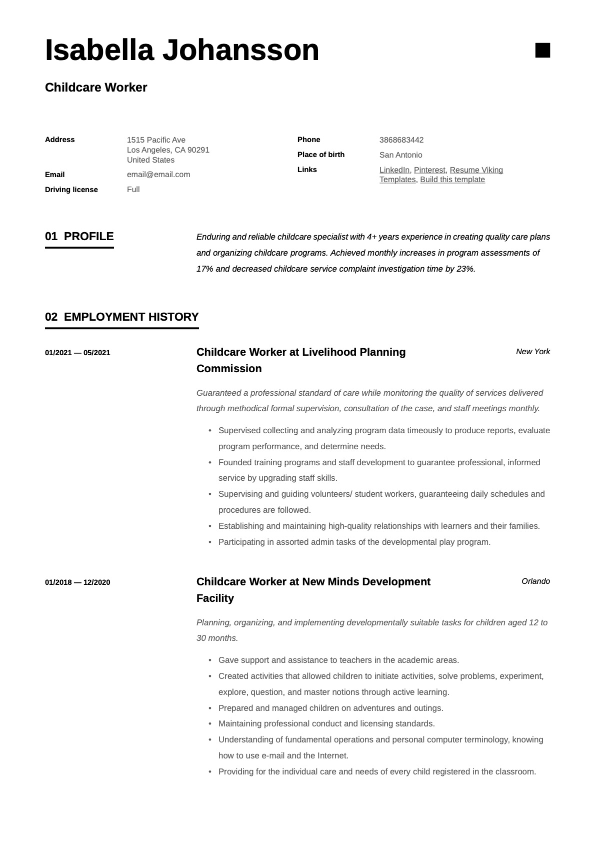 Child Care Worker Resume