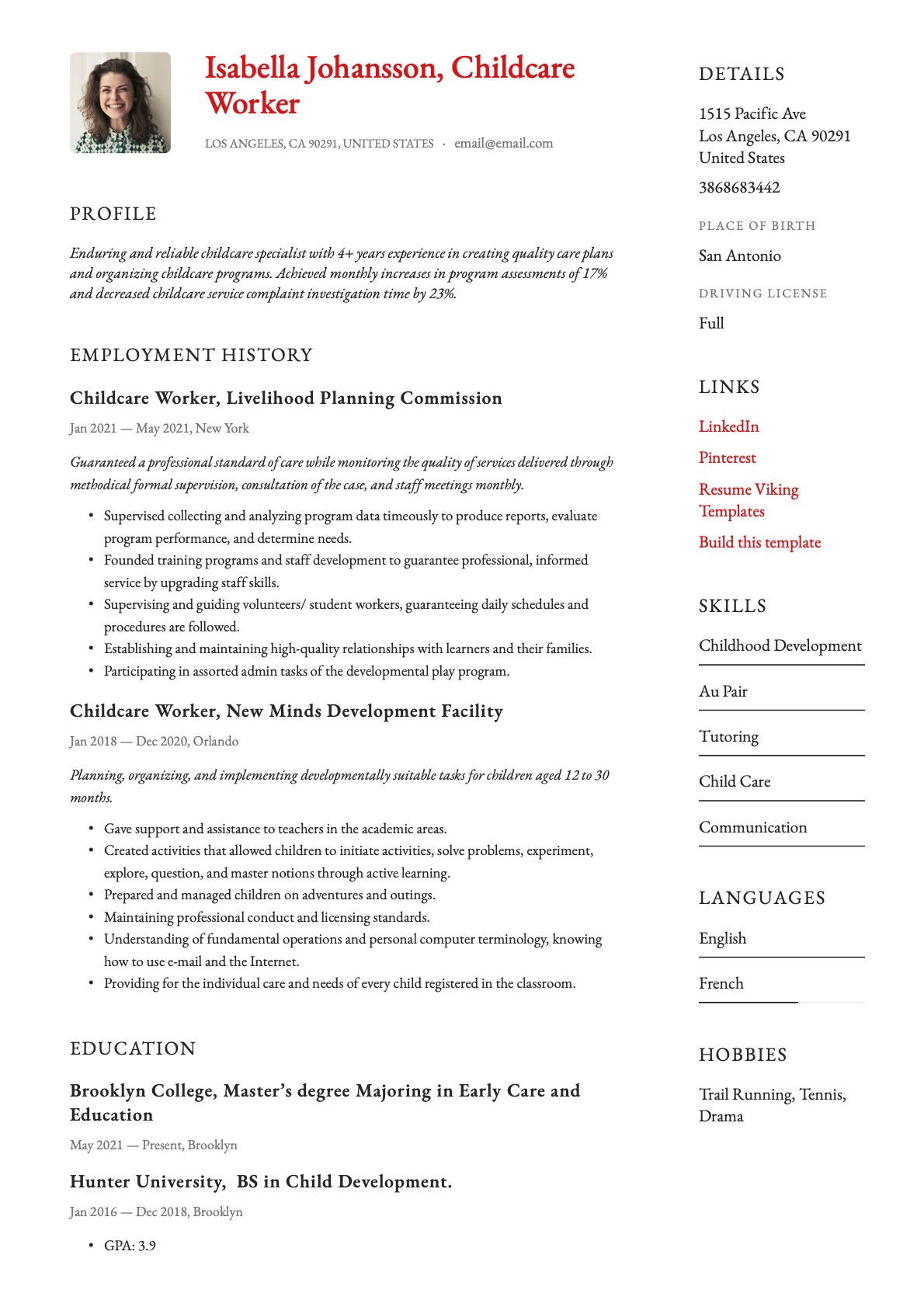 Simple Child Care Worker Resume Template