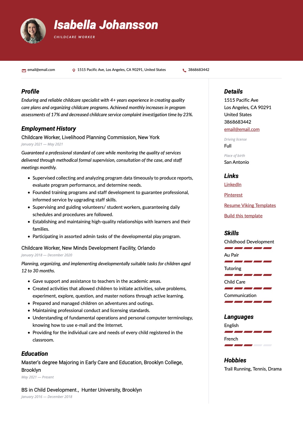 Modern Child Care Worker Resume in Red