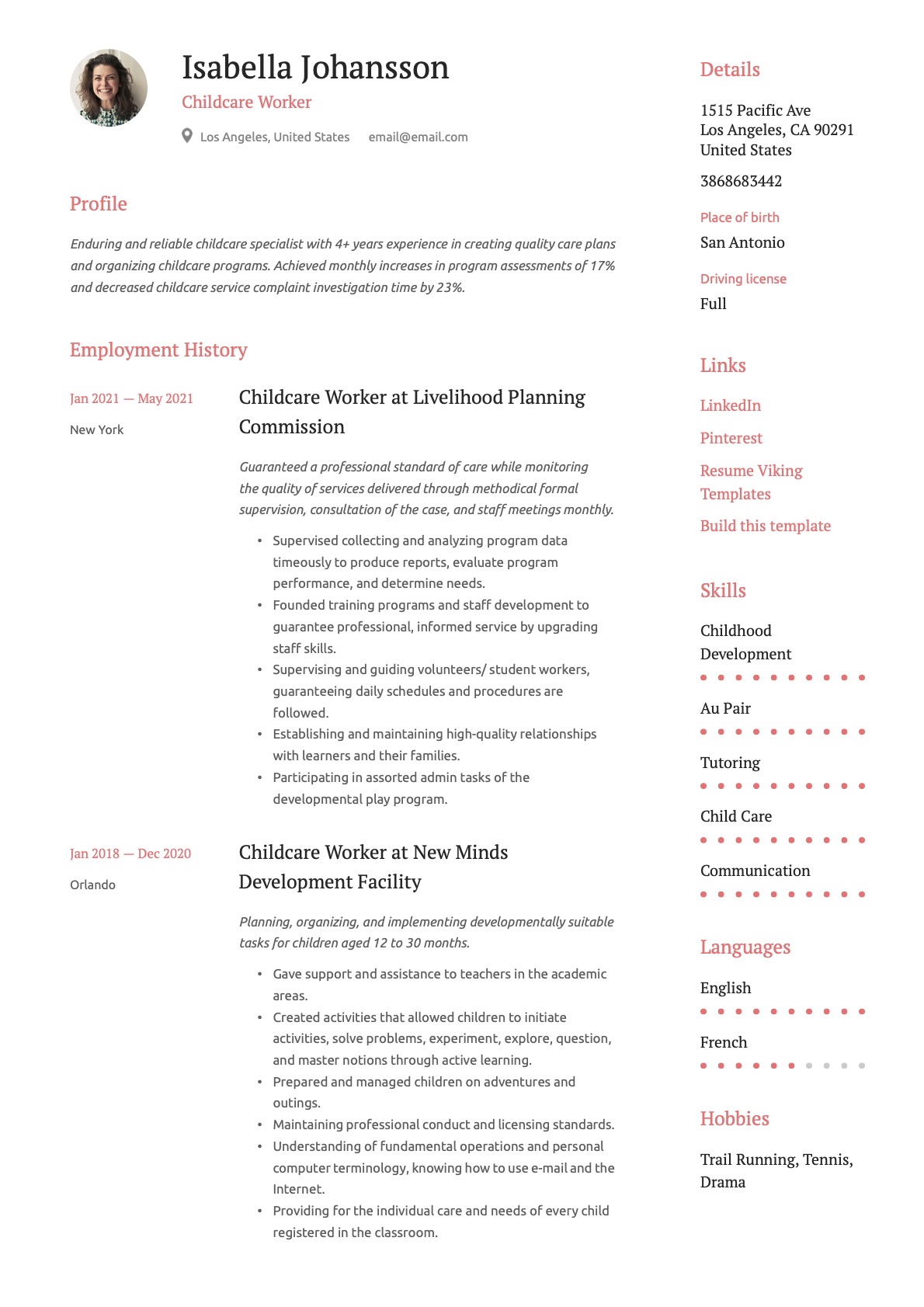Simple Child Care Worker Resume Example
