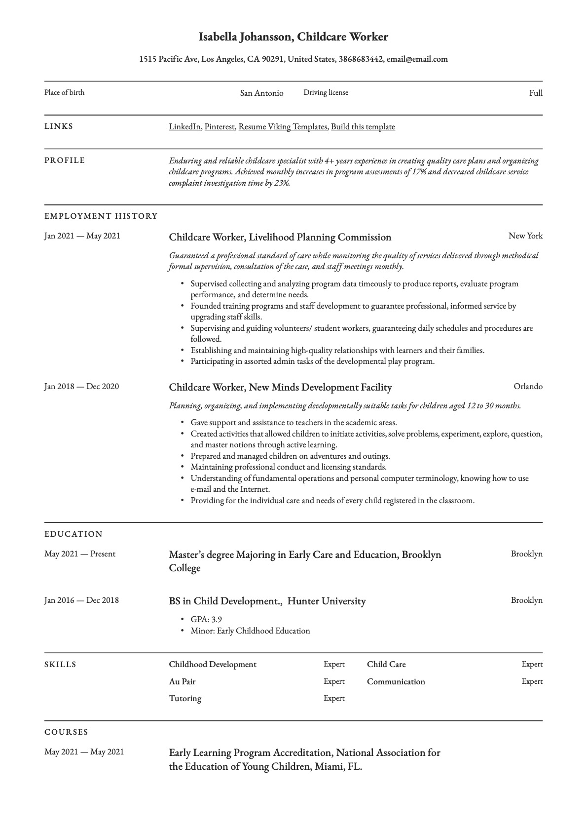 Professional Child Care Worker Resume Template