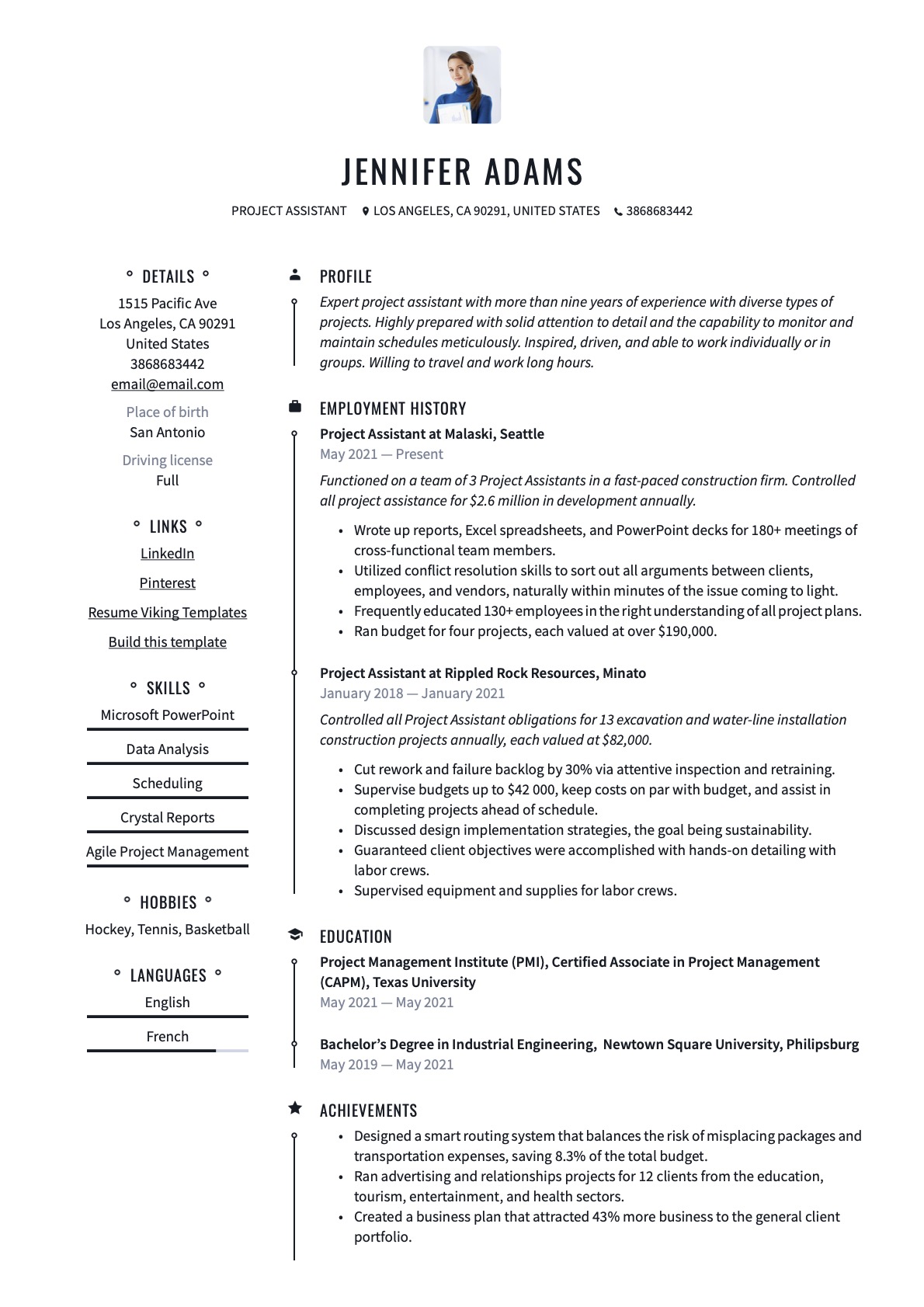 Professional Project Assistant Resume Example