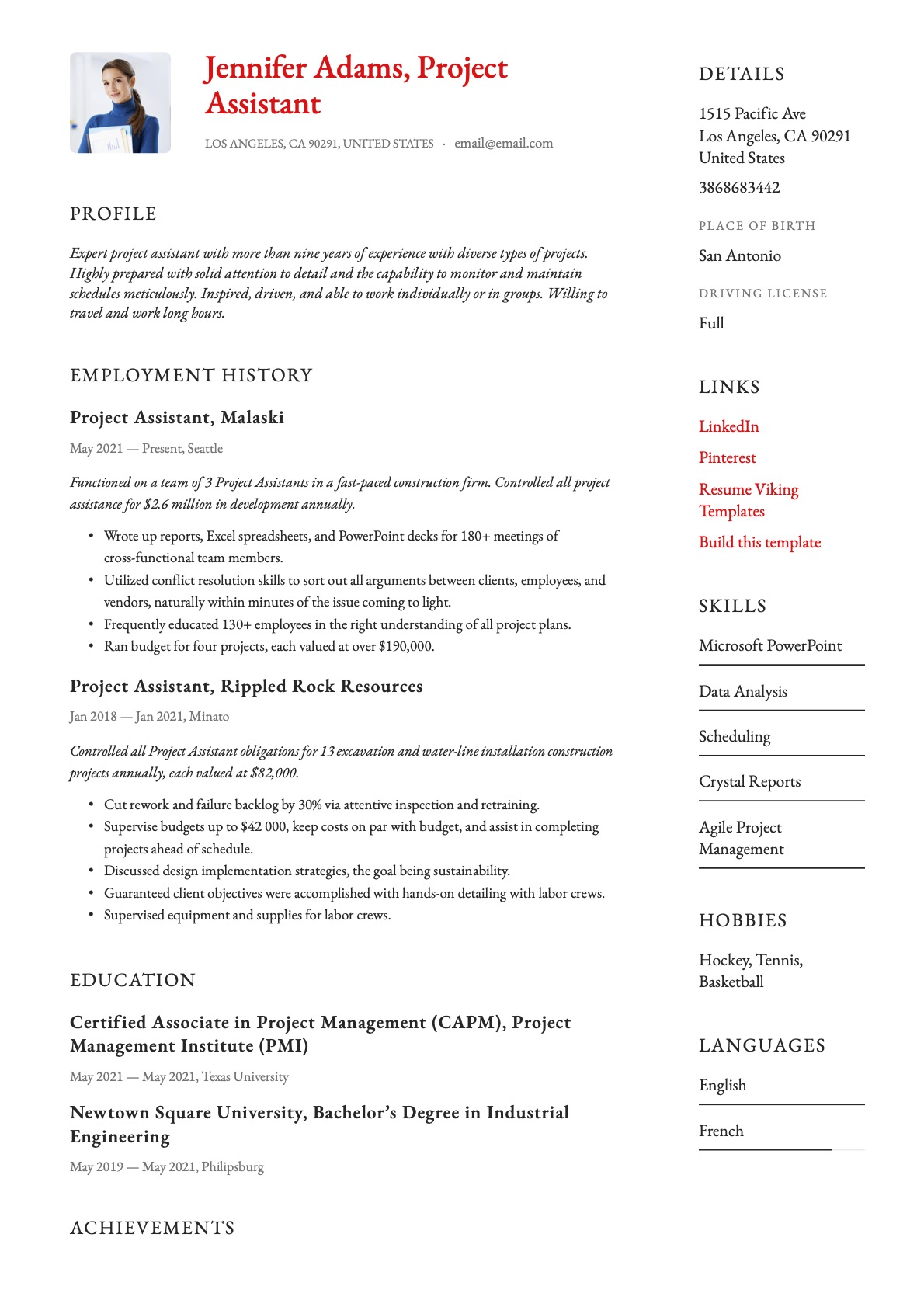 Simple Project Assistant Resume Template