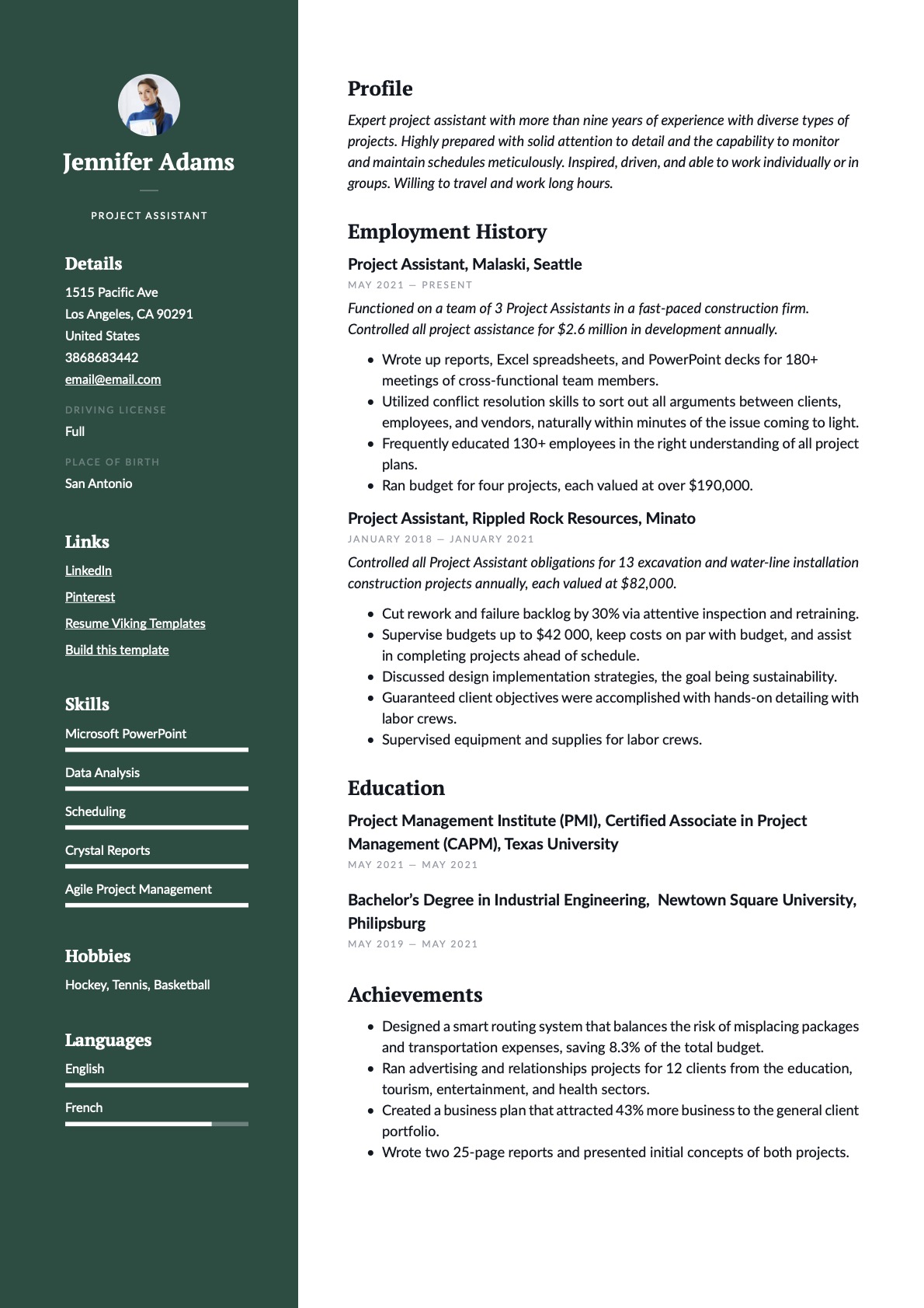 Professional Project Assistant Resume Green Example