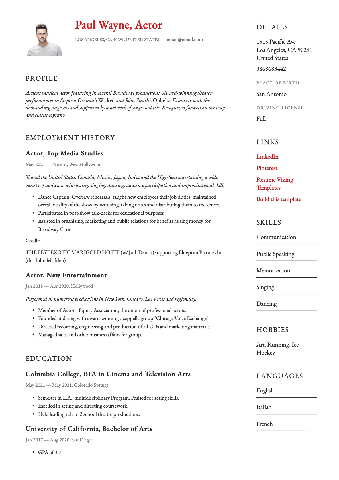 Simple Actor Resume Template