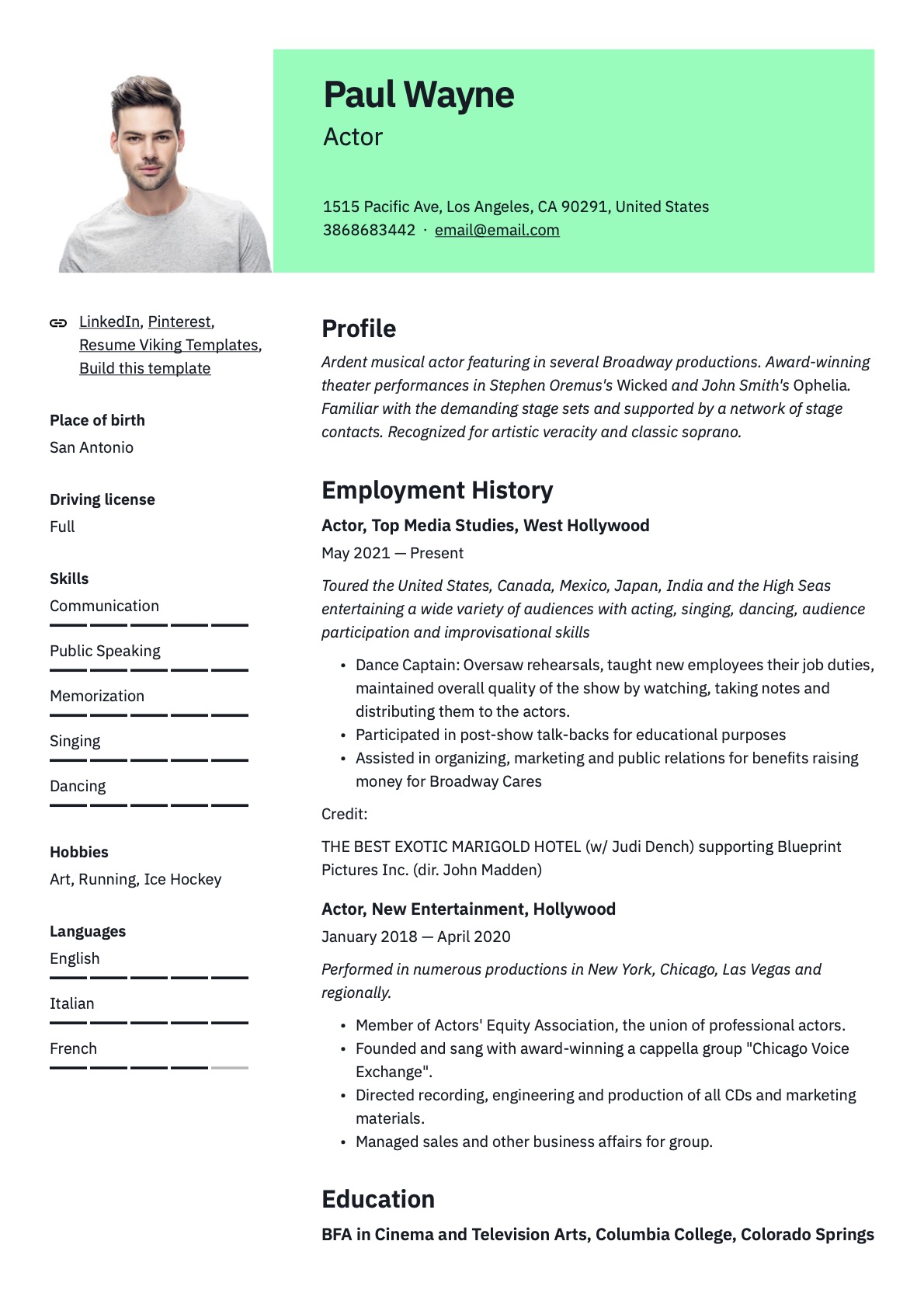 Professional Actor Resume Green Template