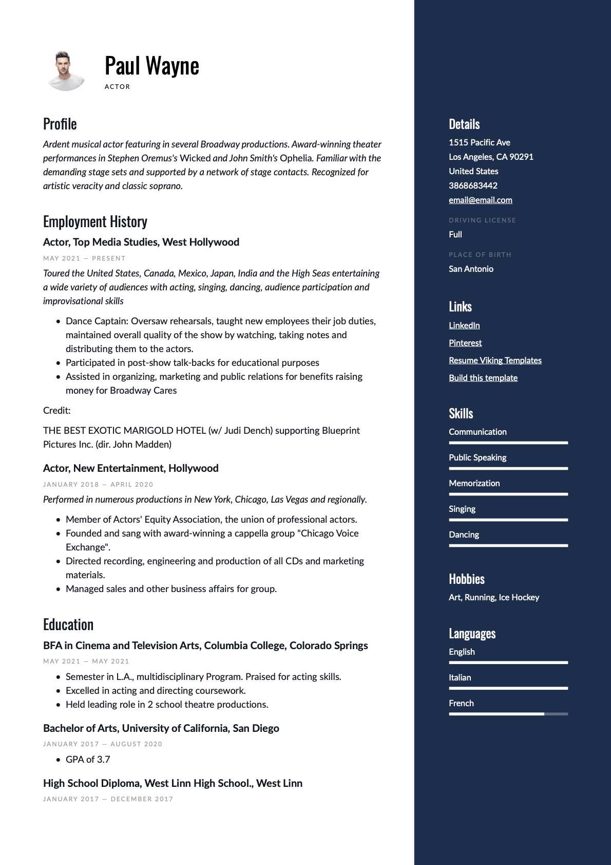 Modern Actor Resume blue Example