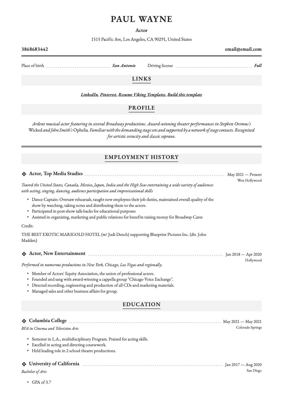 Professional Actor Resume Example