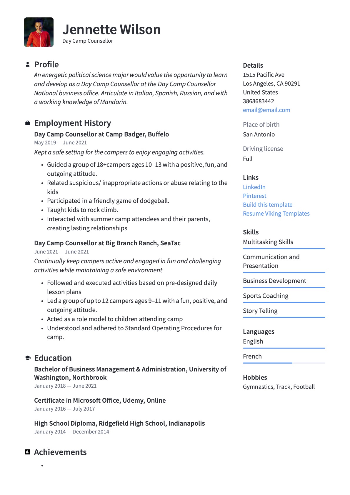 Professional Day Camp Counsellor Resume Template