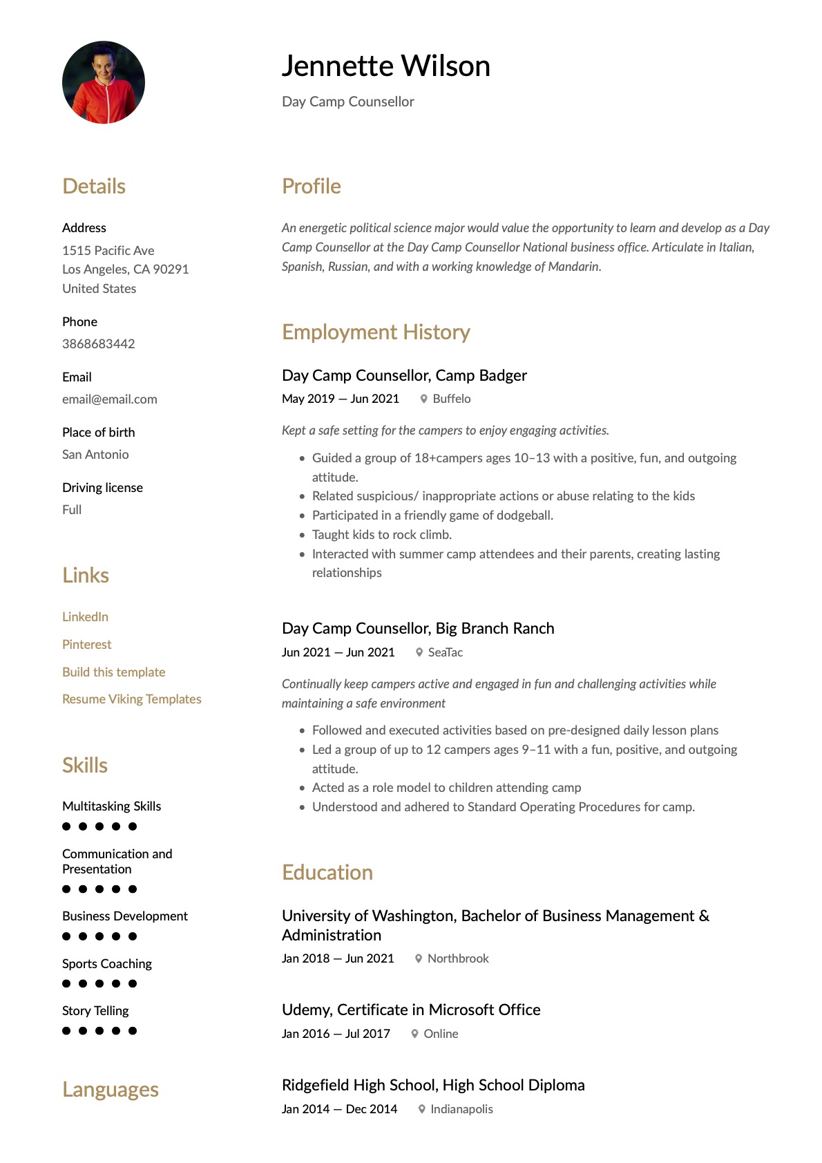 Simple Day Camp Counsellor Resume Template