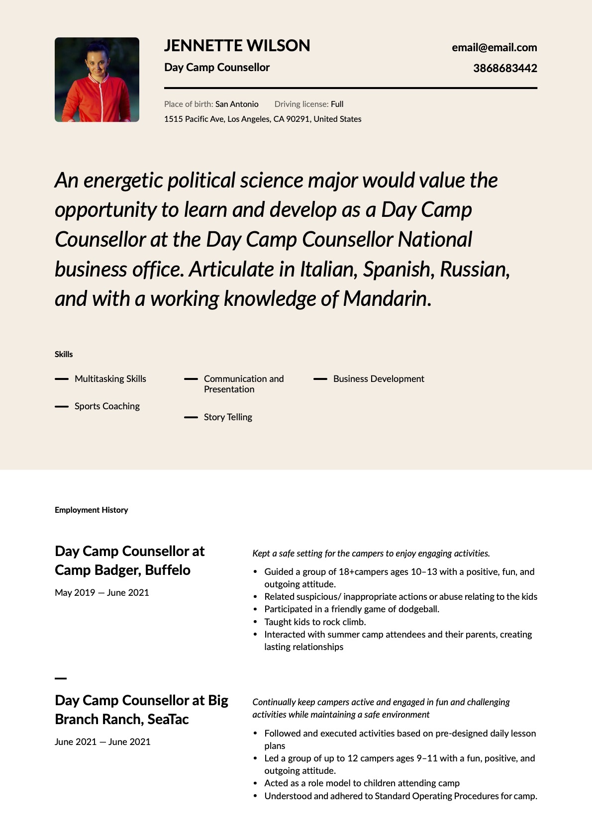 Modern Day Camp Counsellor Resume Template