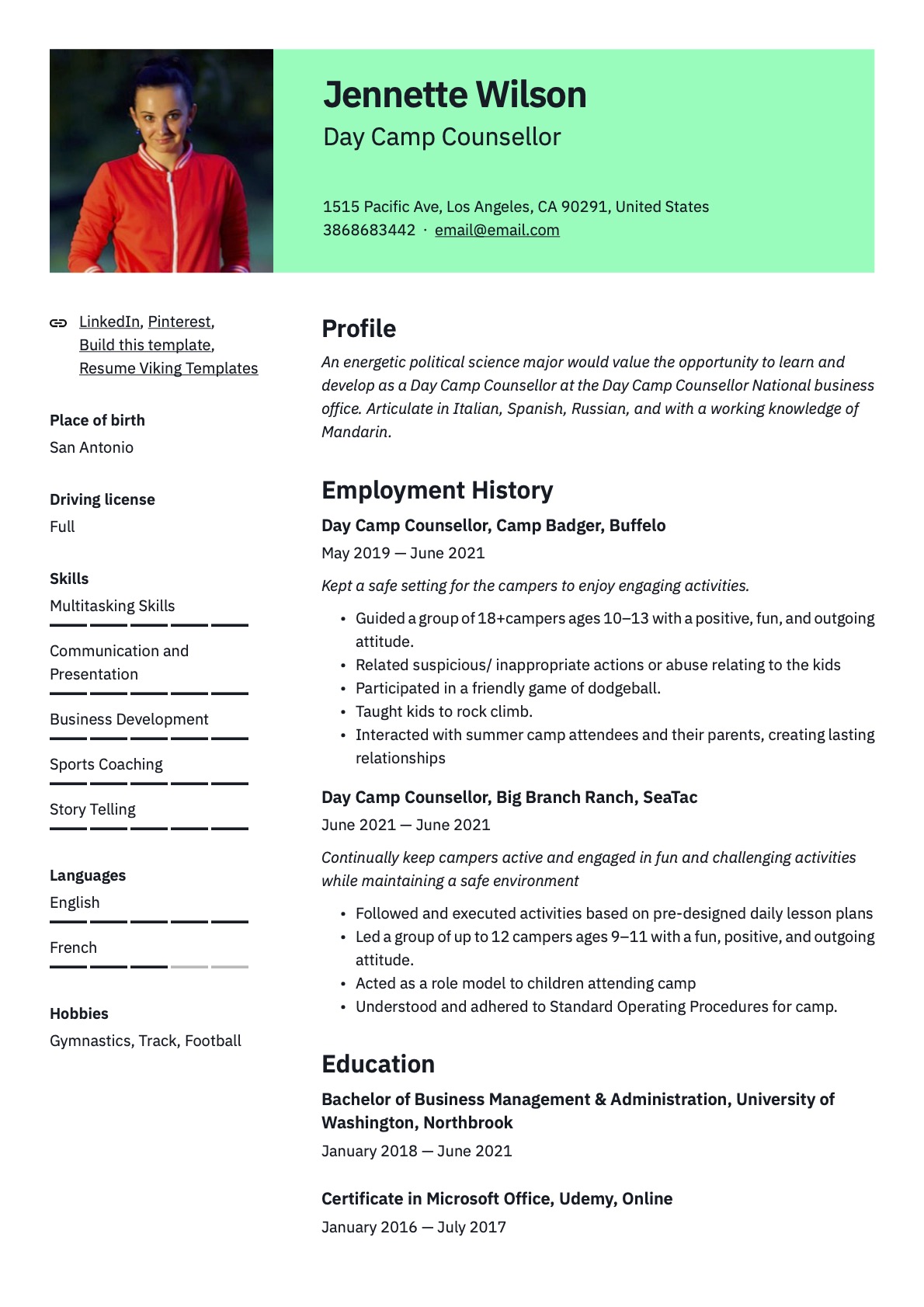 Professional Day Camp Counsellor Resume Green Template