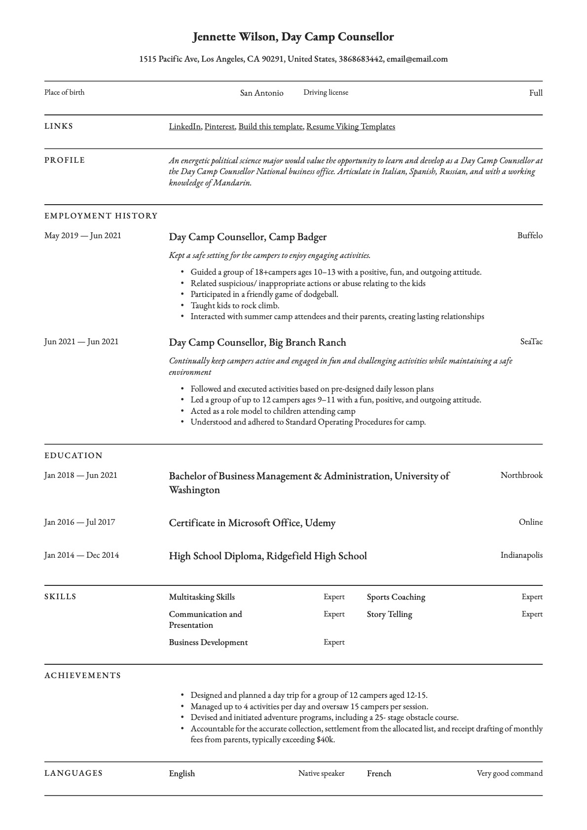 Professional Day Camp Counselor Resume