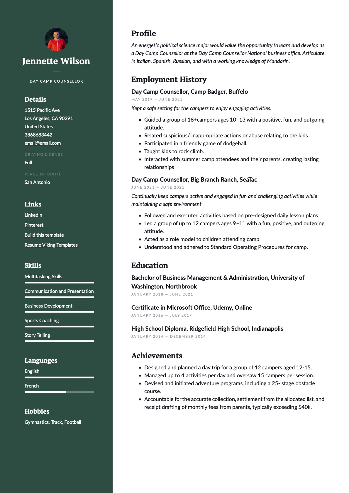 Professional Day Camp Counsellor Resume Green Example