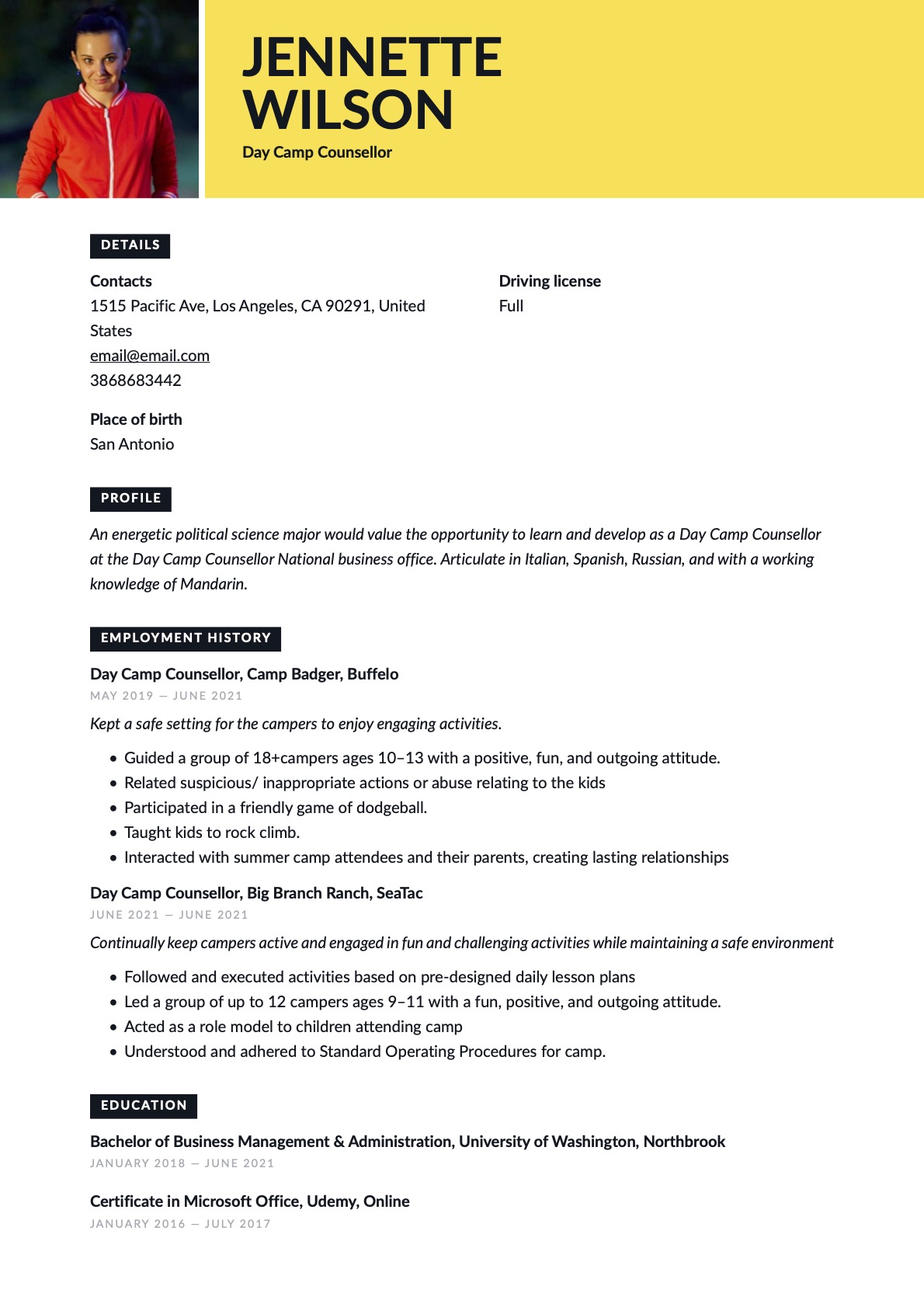 Day Camp Counselor Resume Template