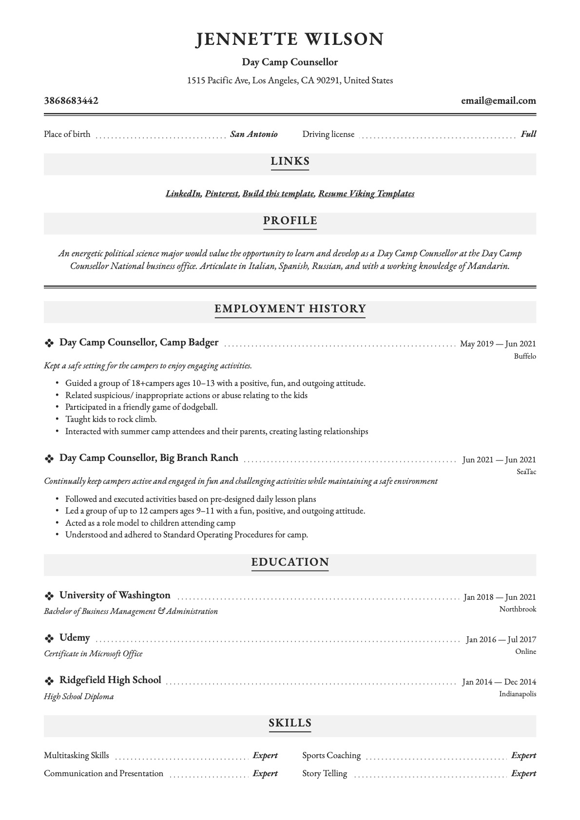 Day Camp Counselor Resume 