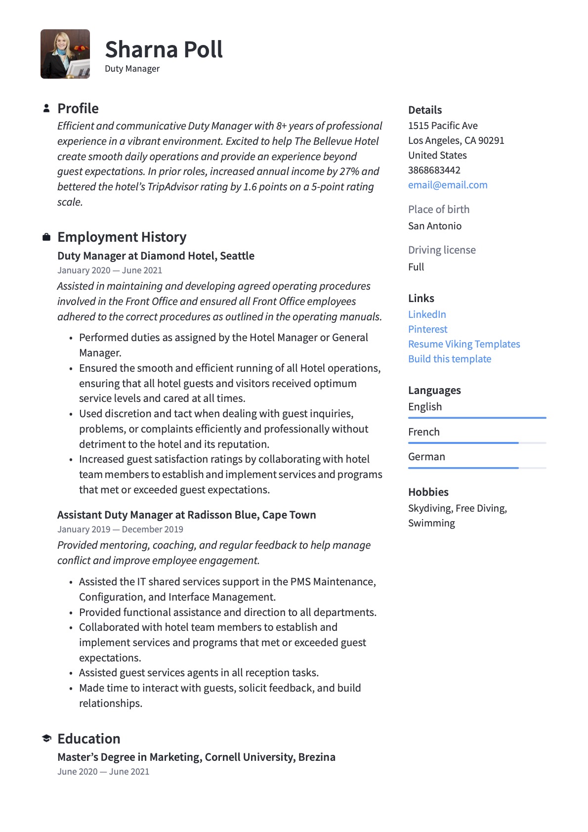 Professional Duty Manager Resume Template