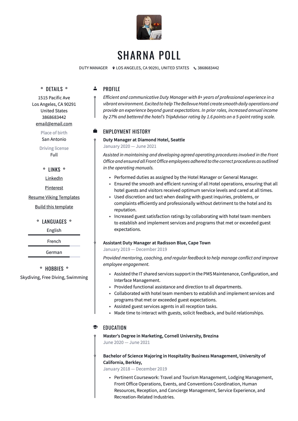 Duty Manager Resume Example