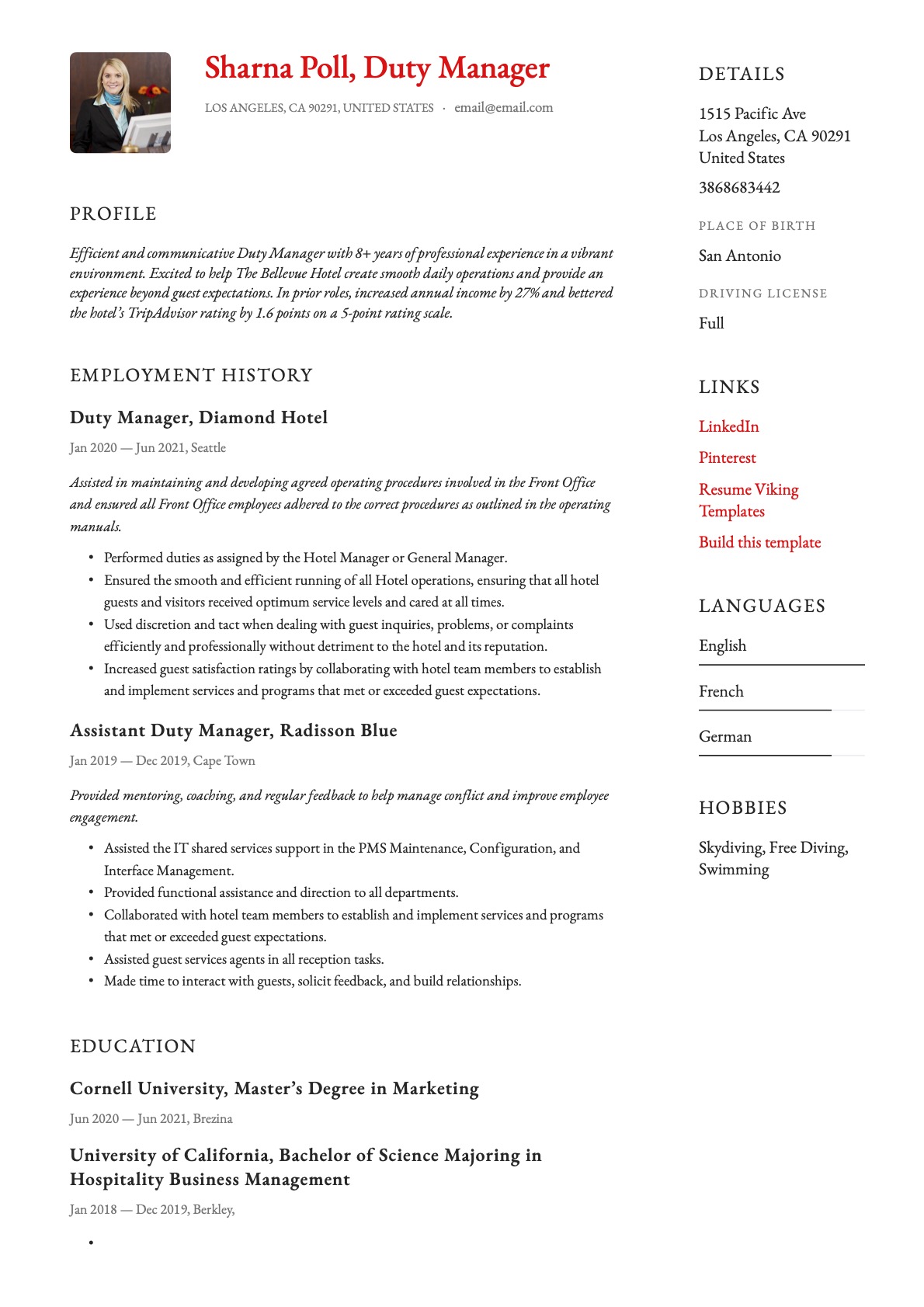 Duty Manager Resume Template