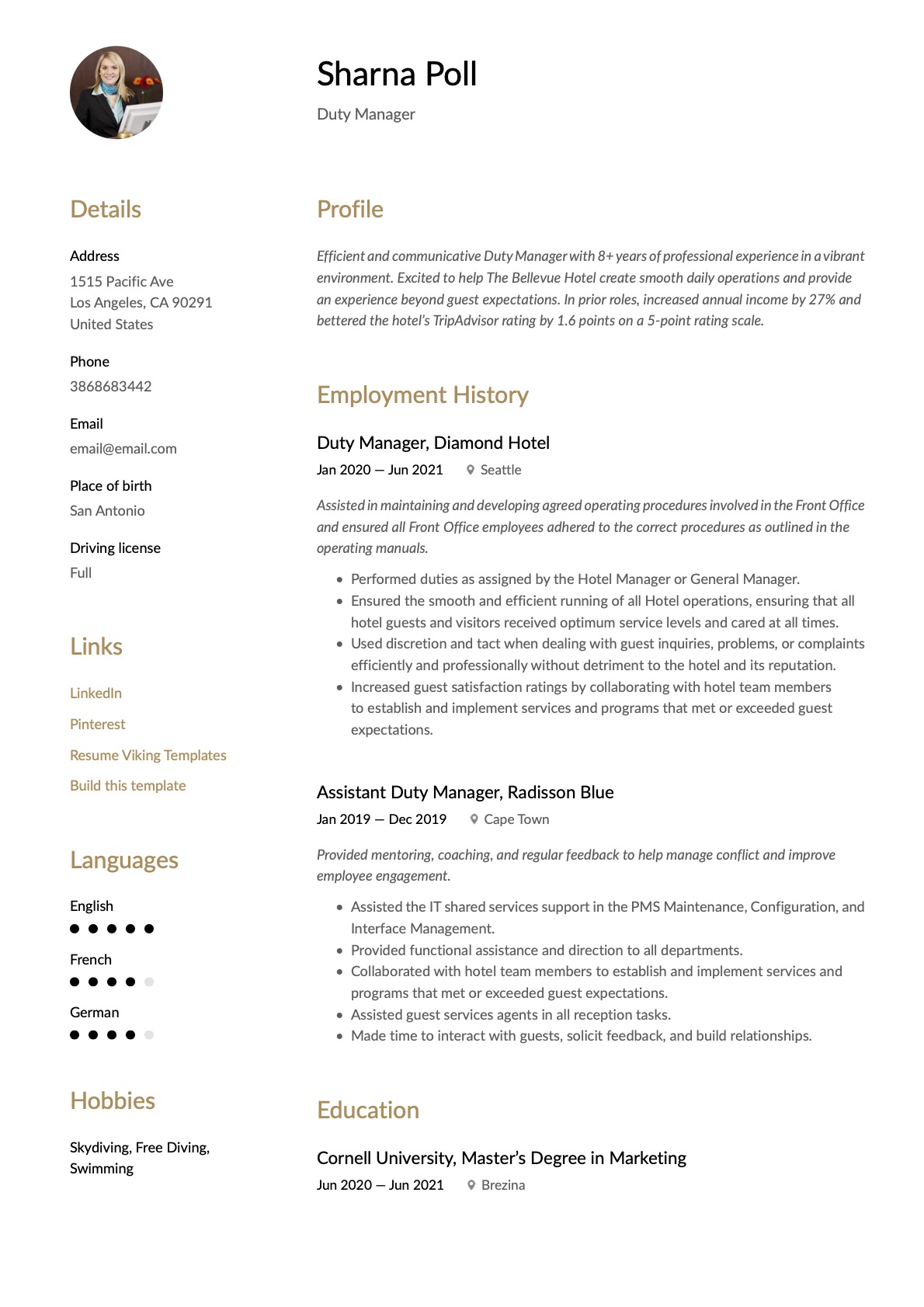Duty Manager Resume Template