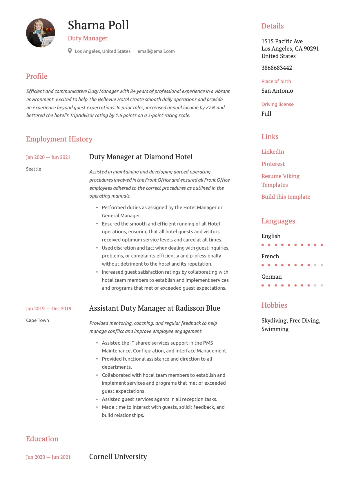 Simple Duty Manager Resume 