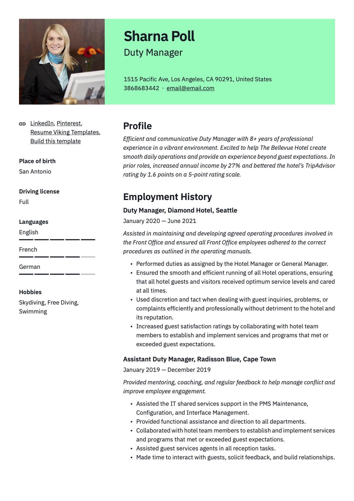 Duty Manager Resume Green