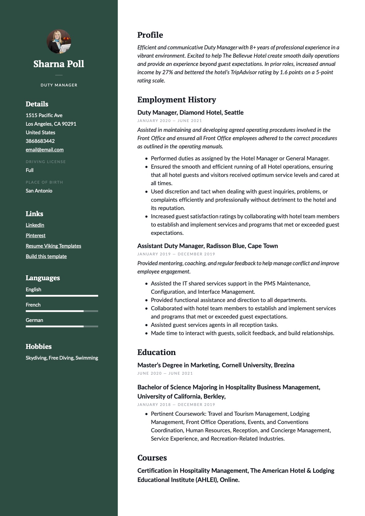 Professional Duty Manager Resume Green Example