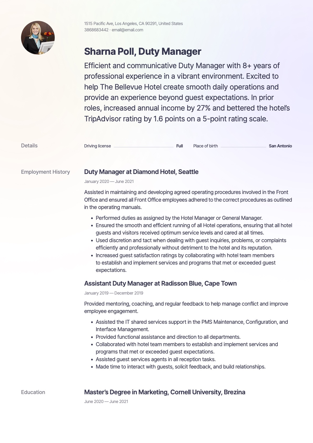 Creative Duty Manager Resume Template