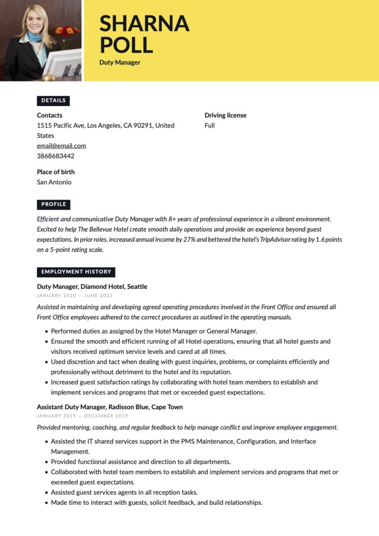 Creative Duty Manager Resume Yellow Template