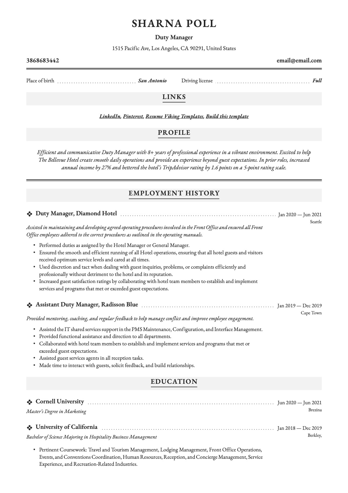 Duty Manager Resume