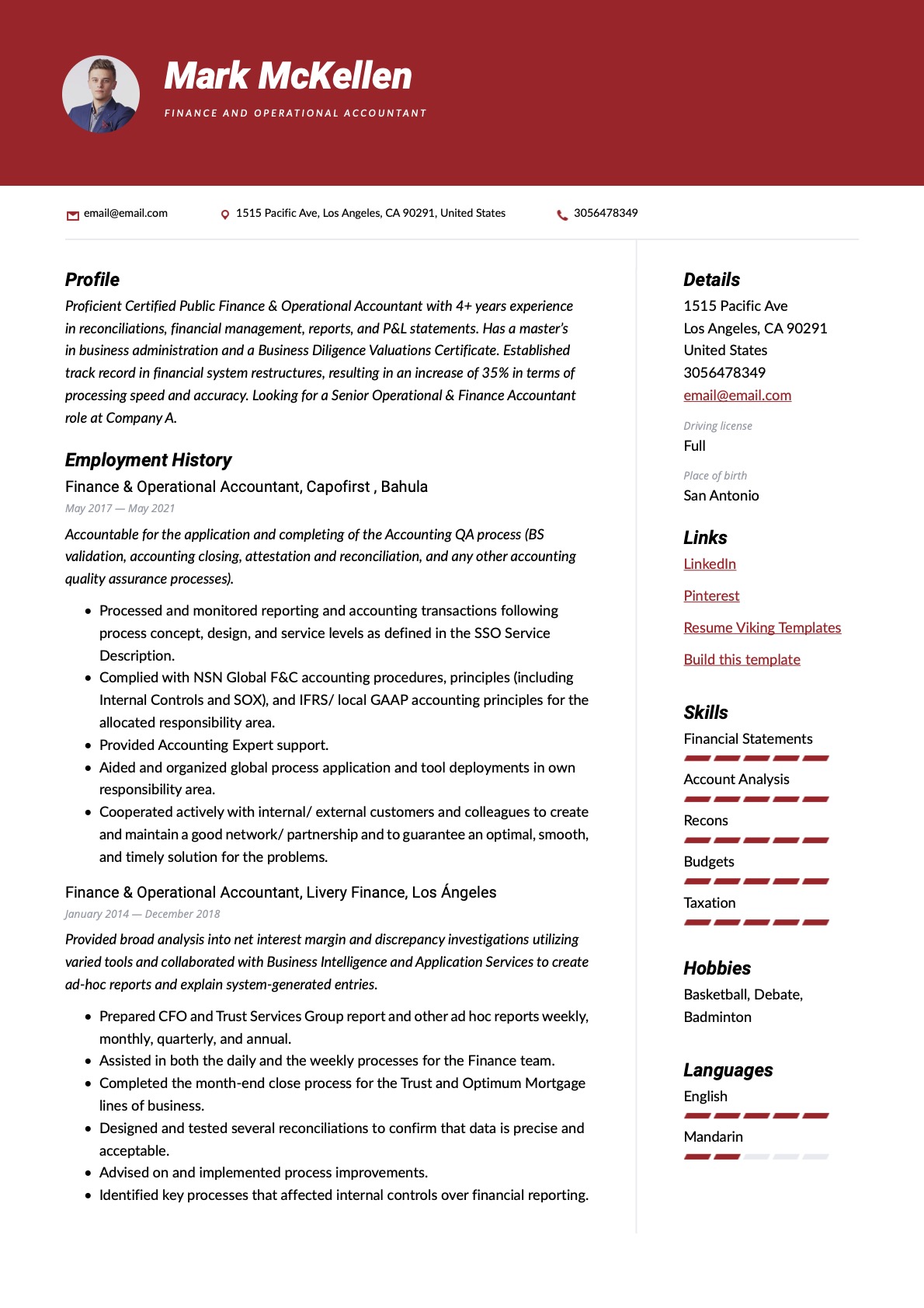 Modern Finance & Operational Accountant Resume Red Example