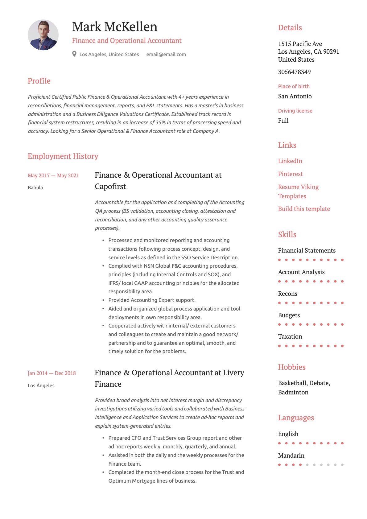 Finance & Operational Accountant Resume Example