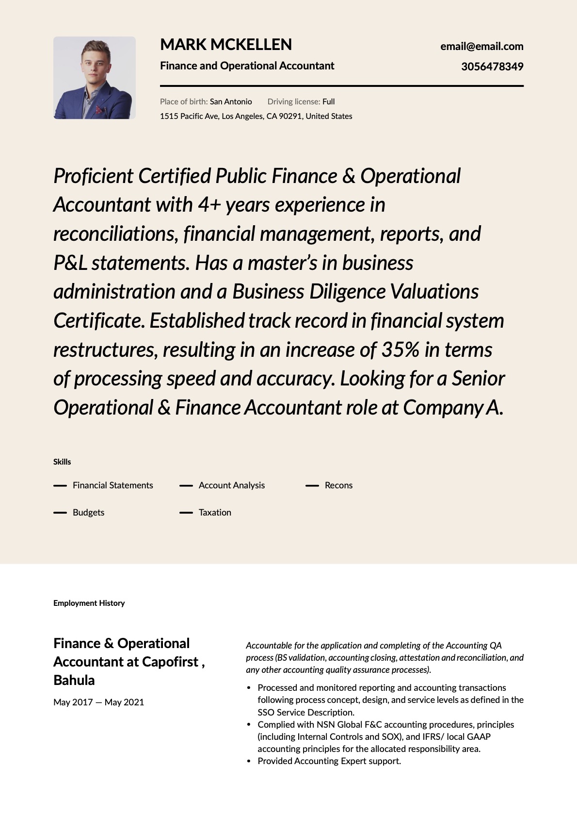 Finance & Operational Accountant Resume
