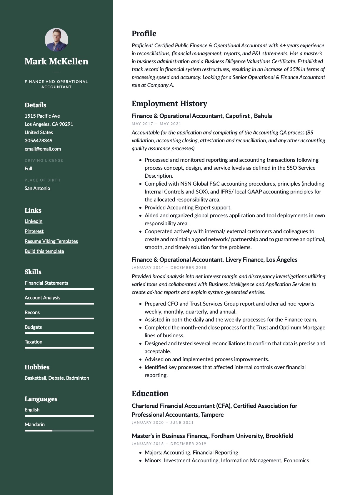 Professional Finance & Operational Accountant Resume Green Example