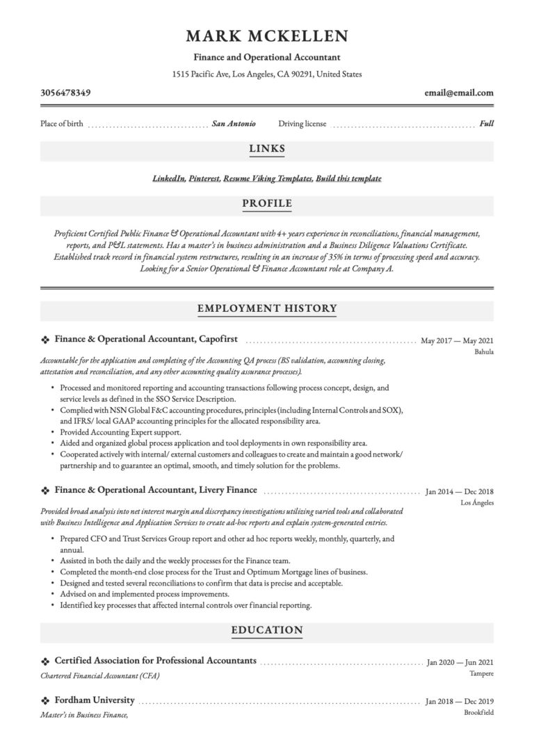 Professional Finance & Operational Accountant Resume Example