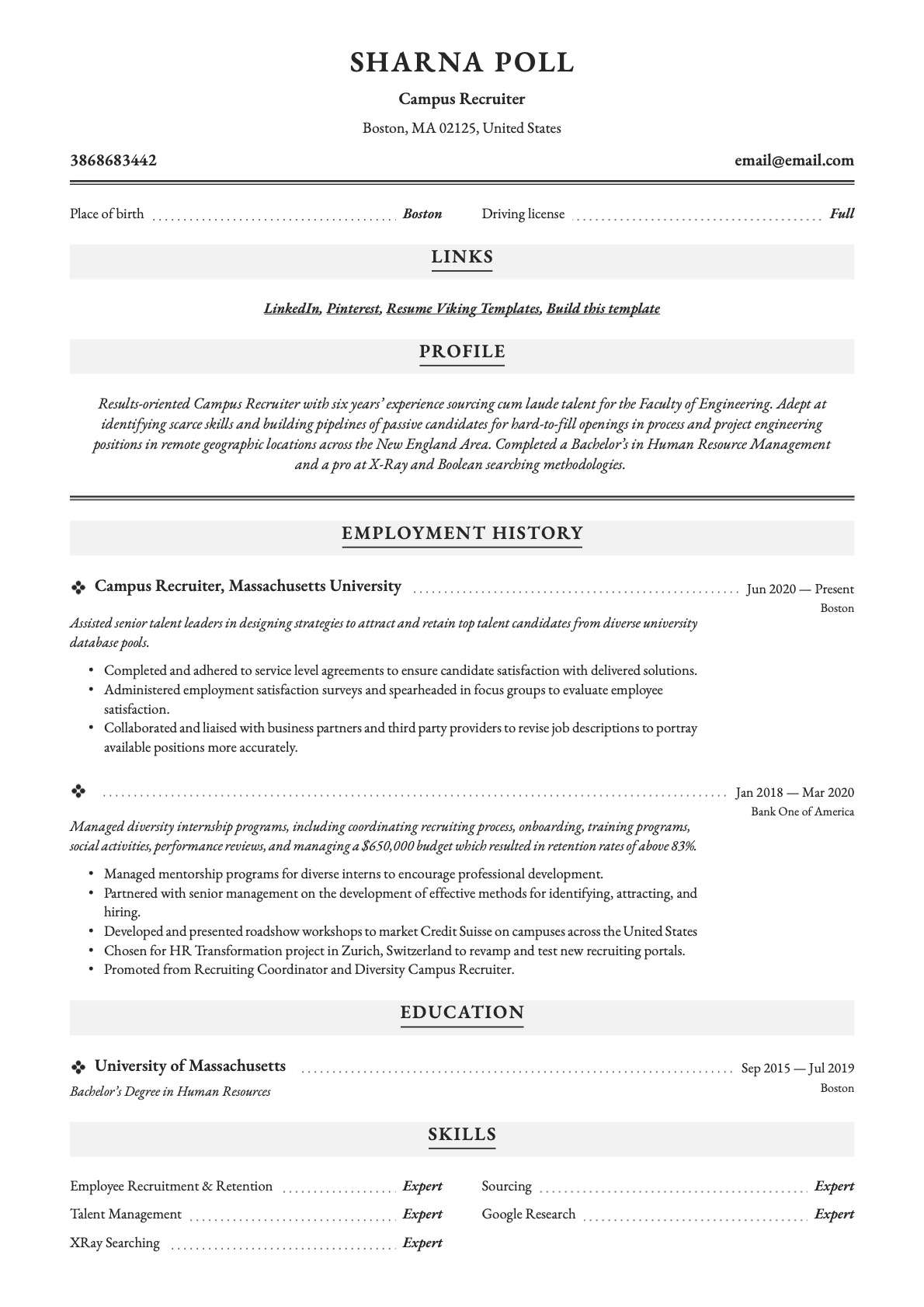 Professional Campus Recruiter Resume Example