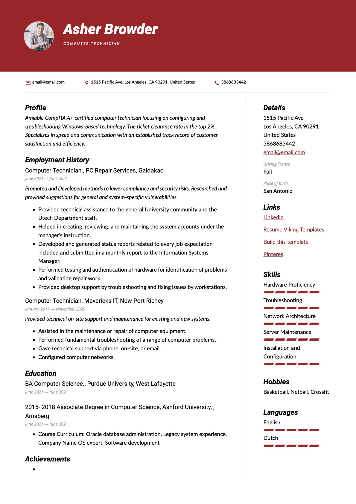 Modern Computer Technician Resume Red Example