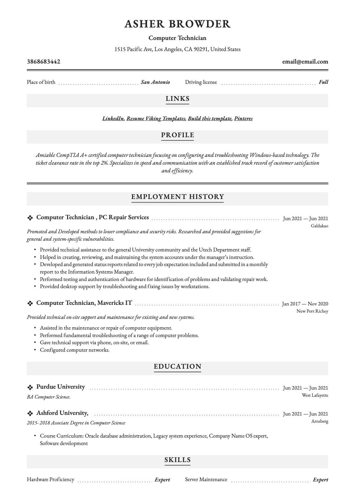 Professional Computer Technician Resume Example