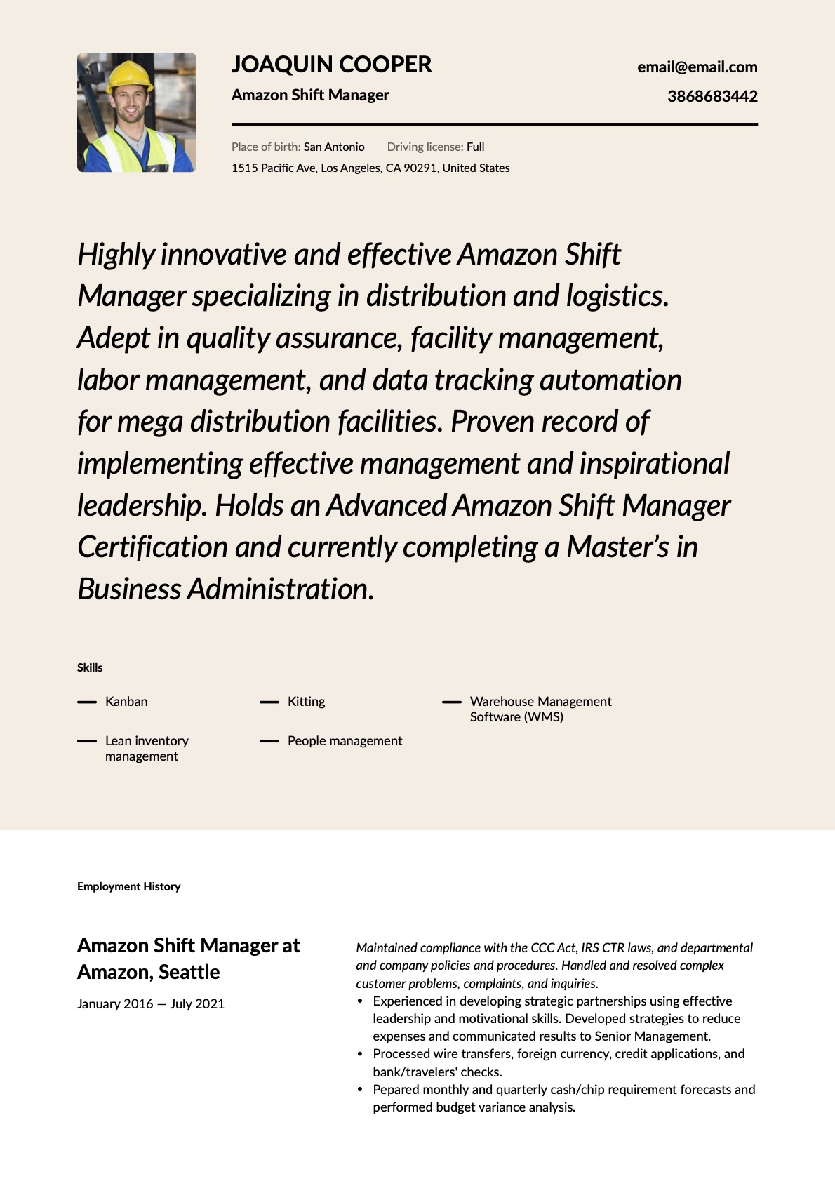 Modern Amazon Shift Manager Resume Template