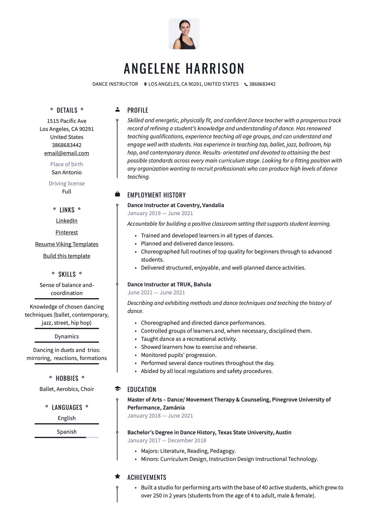 Professional Dance Instructor Resume Example