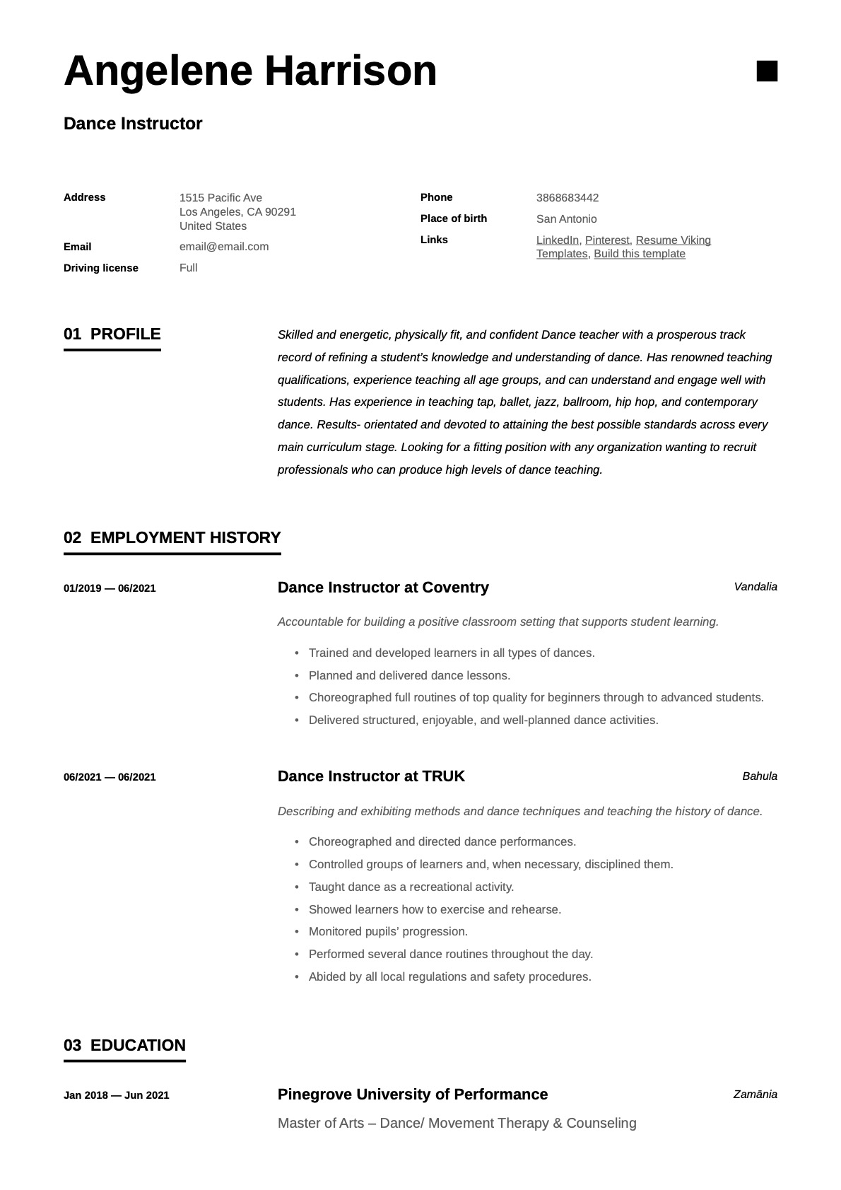 Simple Dance Instructor Resume Template