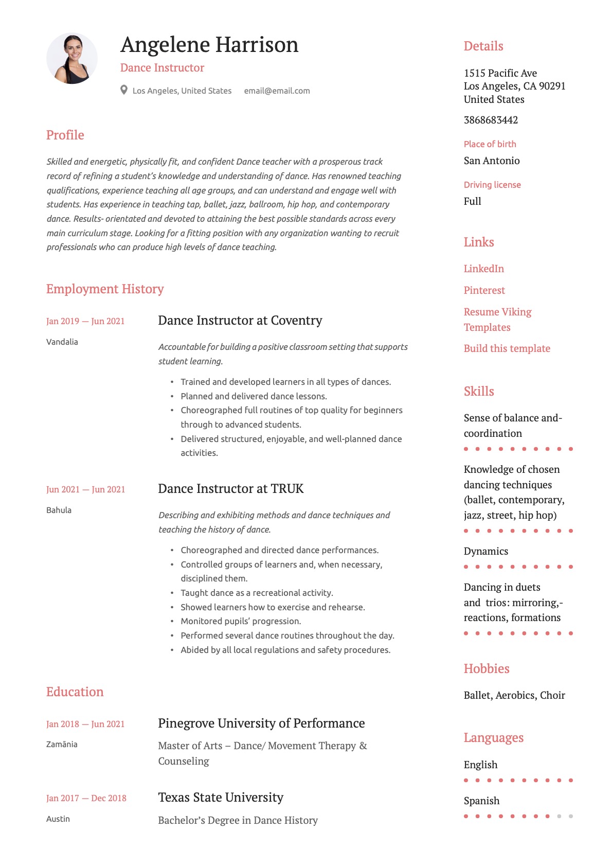 Dance Instructor Resume Example