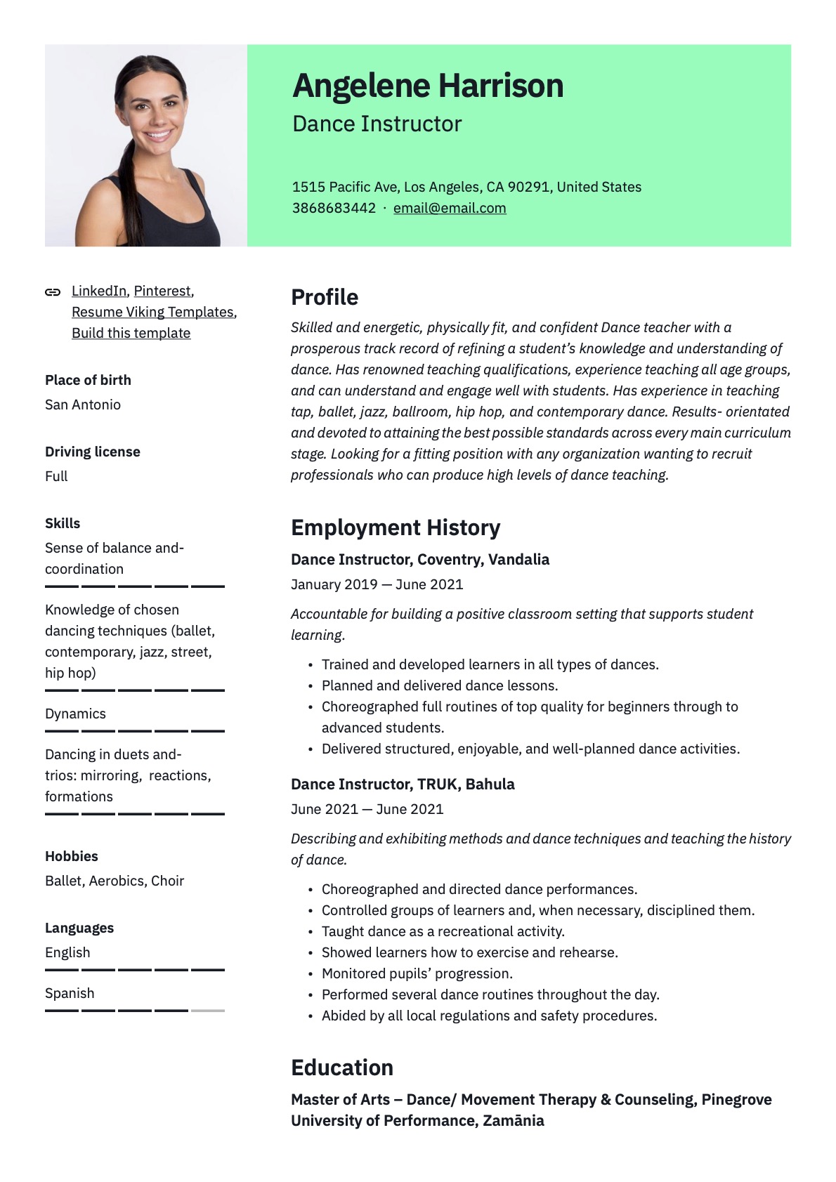 Professional Dance Instructor Resume Green Template