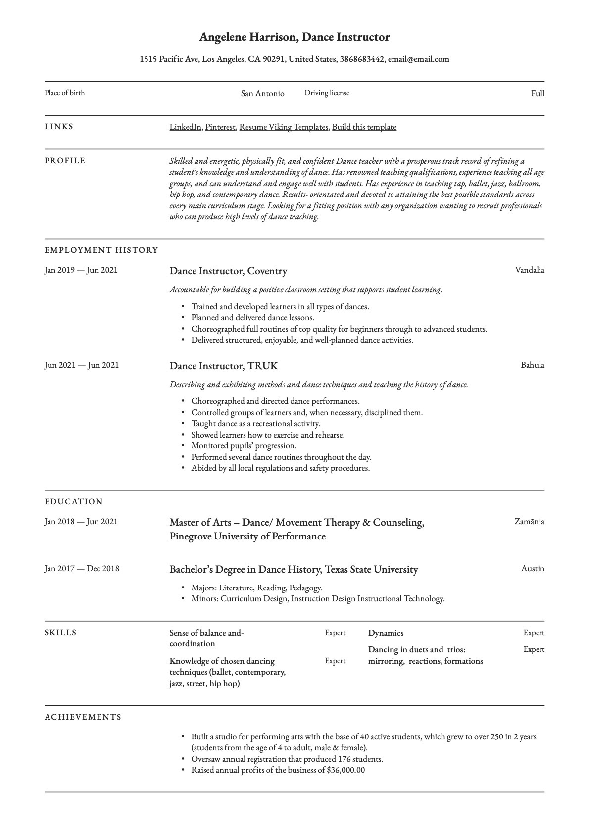 Professional Dance Instructor Resume Template