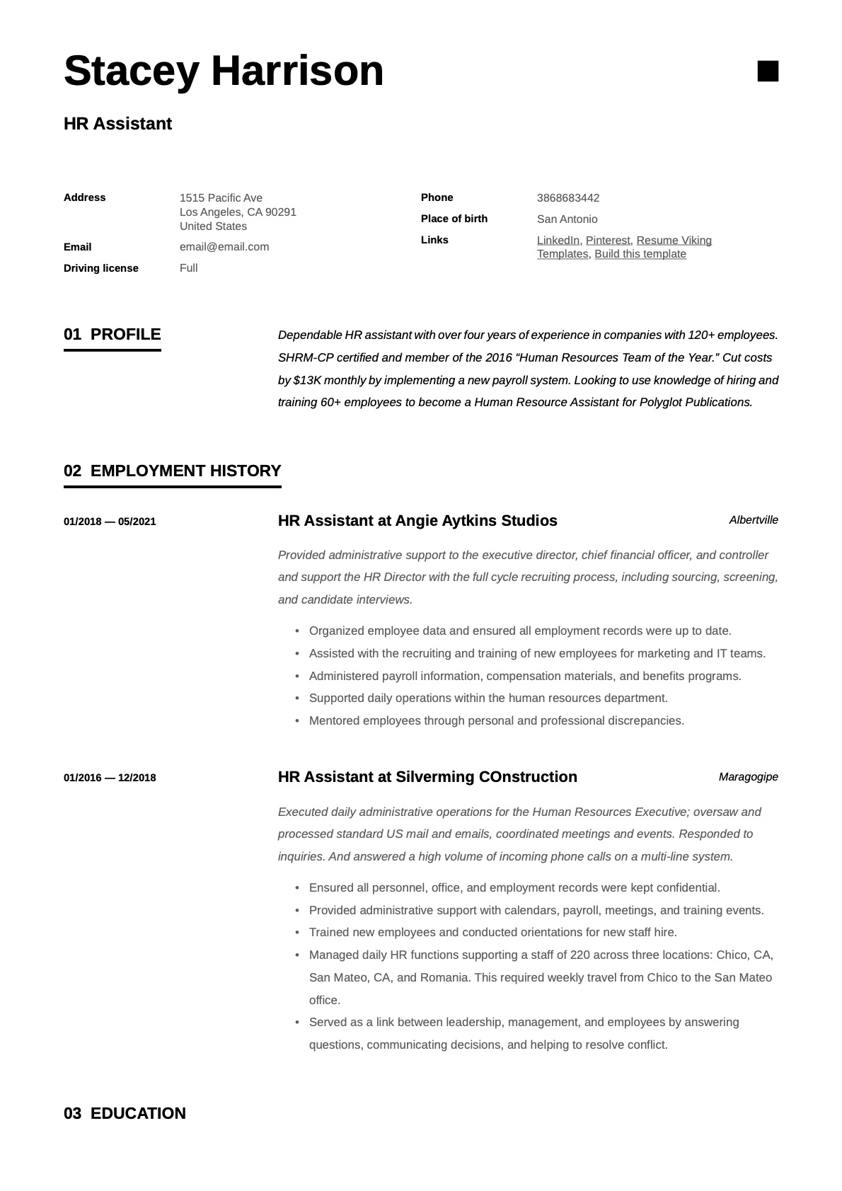 Simple HR Assistant Resume Template
